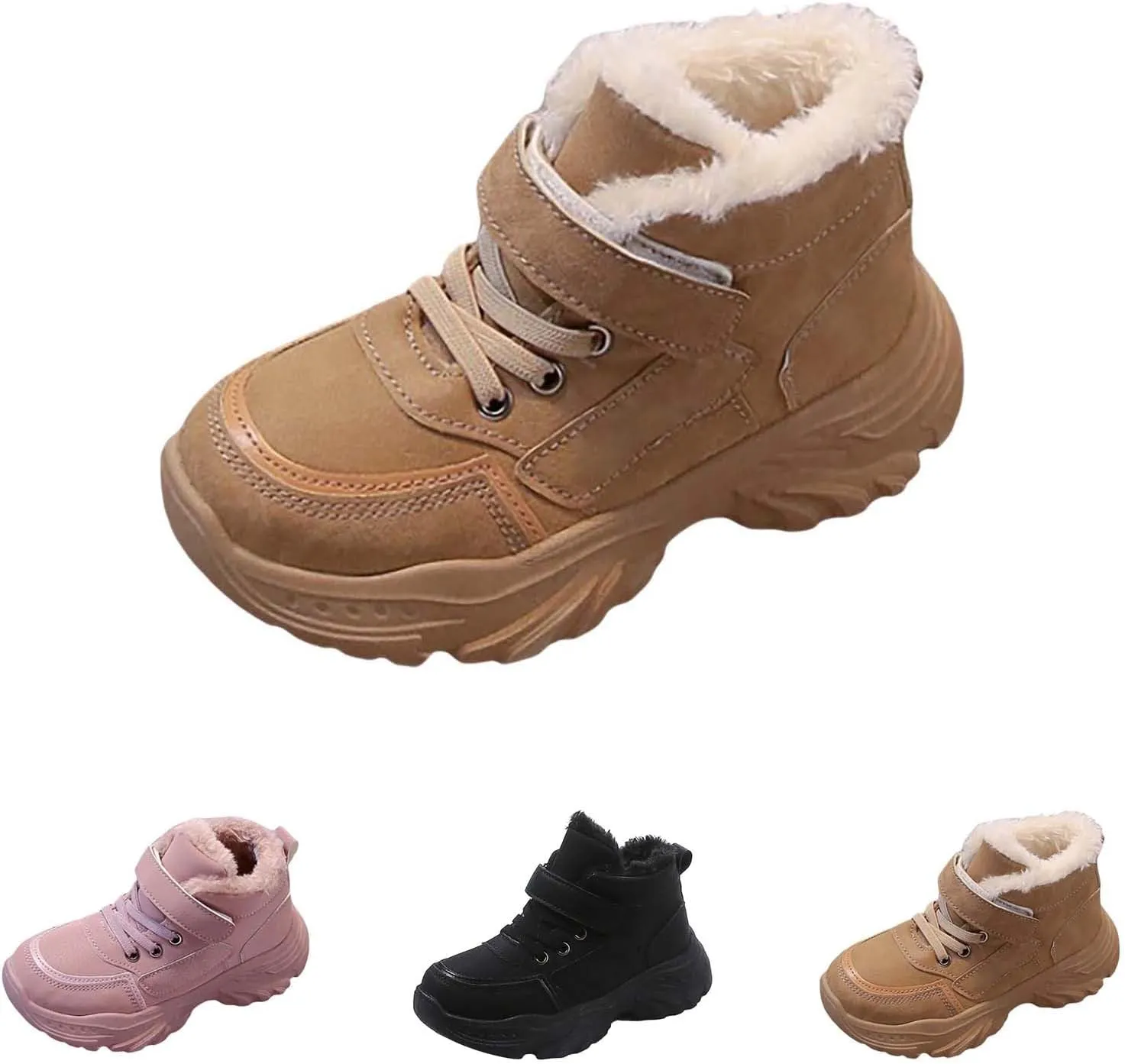 Boys Girls Plush Ankle Boots Winter Slip On Warm  Lined Snow Booties Lightweight Water-Proof Sport Shoes