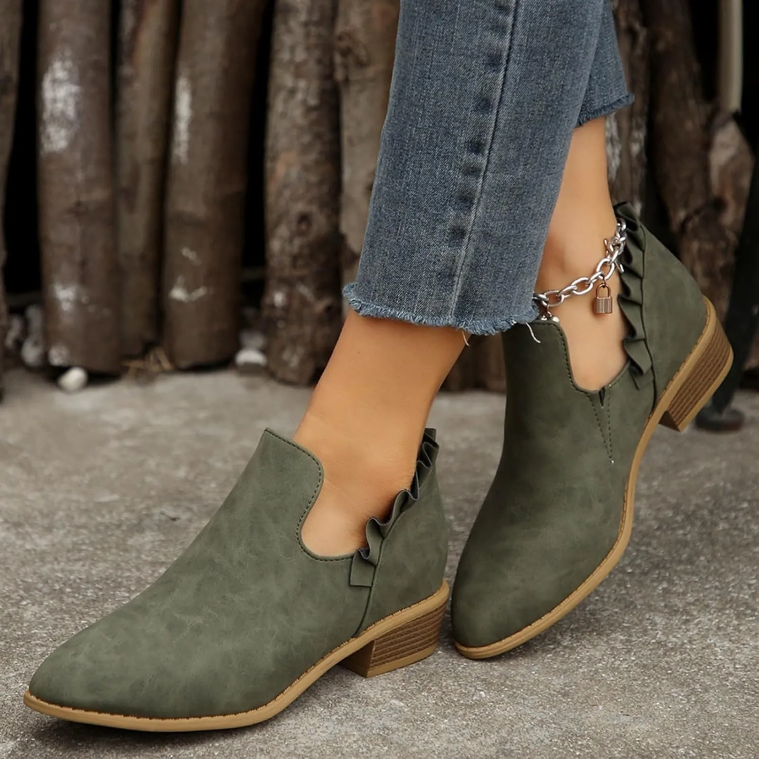 Cathalem Ankle Boots for Women, Womens Fall Cutout Booties Low Heels Stacked Ruffle Slip On Dress Short Boots Shoes