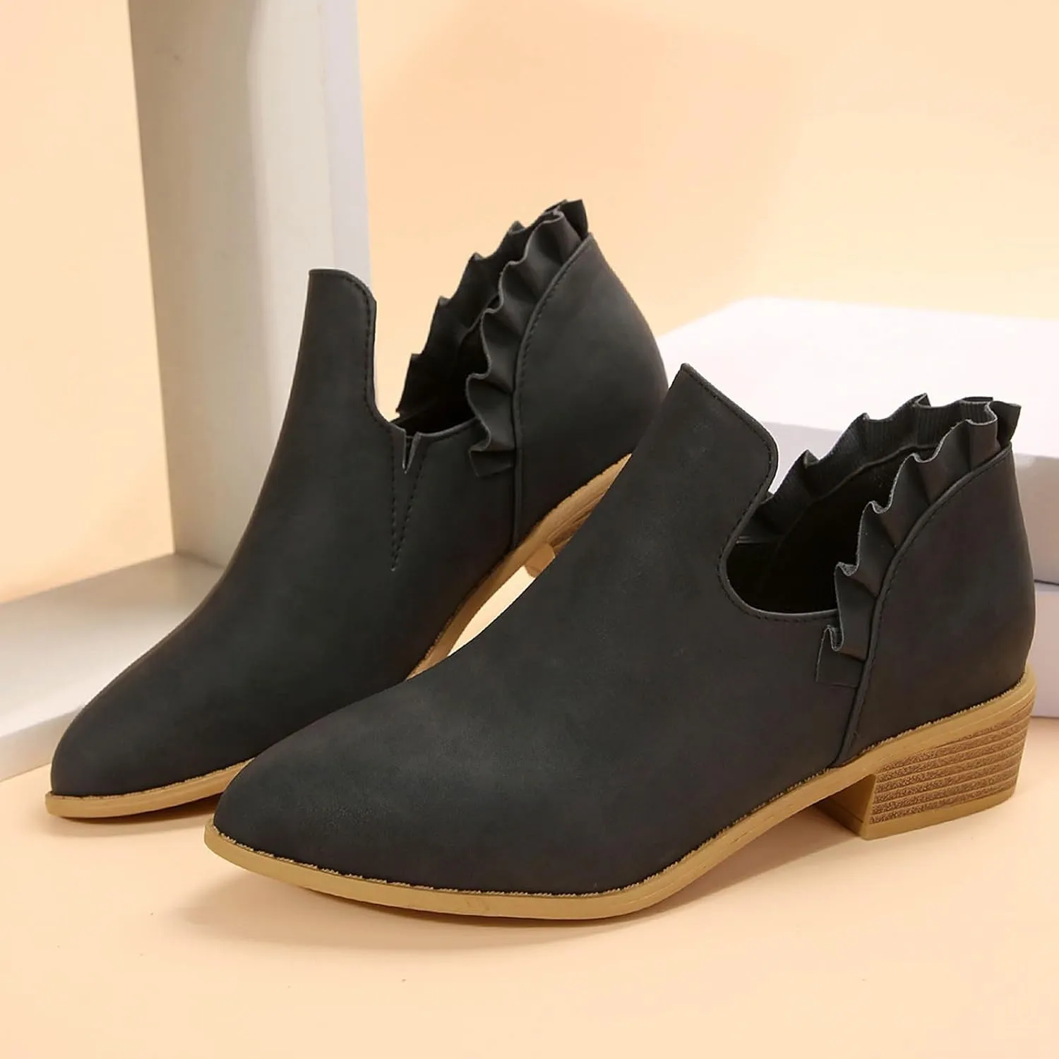 Cathalem Ankle Boots for Women, Womens Fall Cutout Booties Low Heels Stacked Ruffle Slip On Dress Short Boots Shoes
