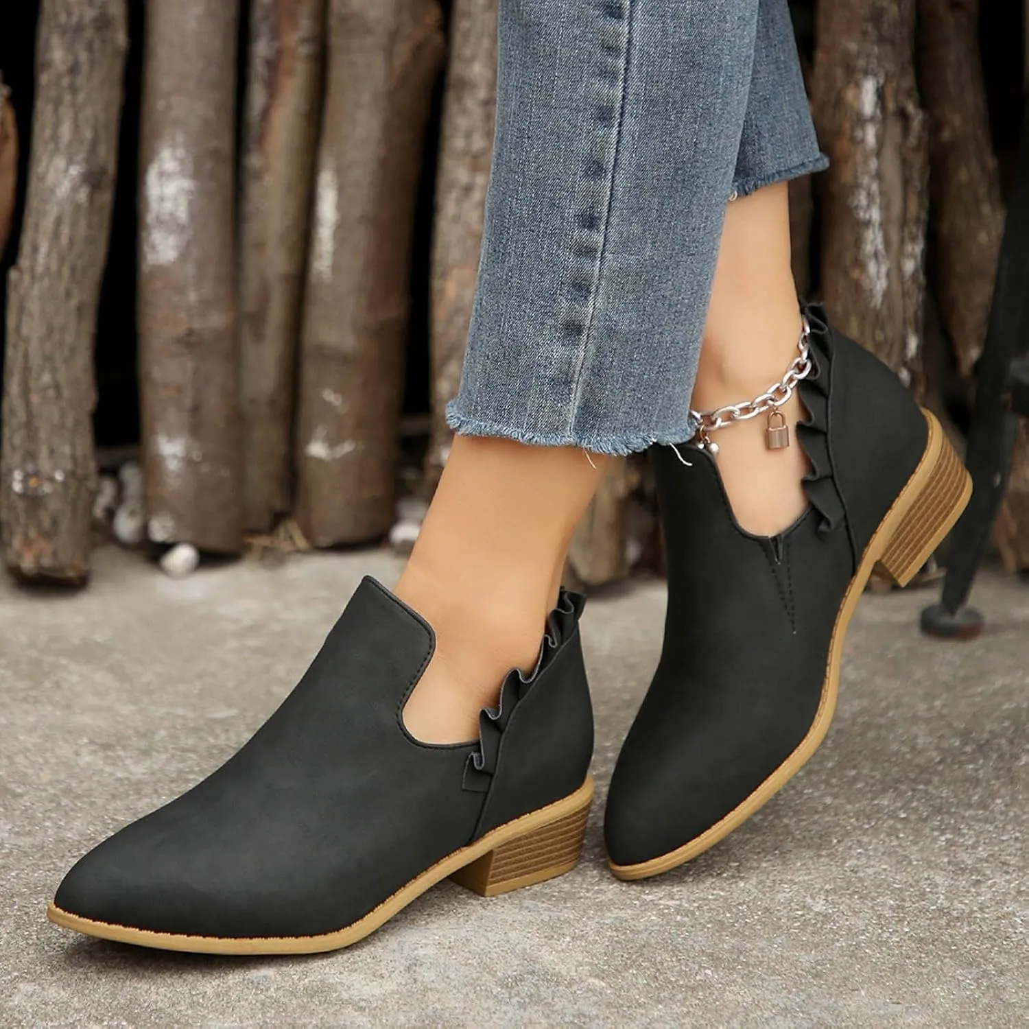 Cathalem Ankle Boots for Women, Womens Fall Cutout Booties Low Heels Stacked Ruffle Slip On Dress Short Boots Shoes