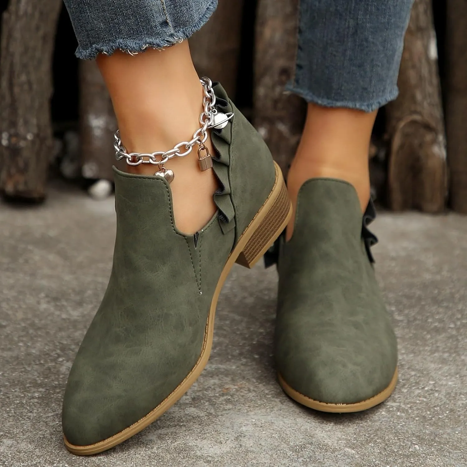 Cathalem Ankle Boots for Women, Womens Fall Cutout Booties Low Heels Stacked Ruffle Slip On Dress Short Boots Shoes