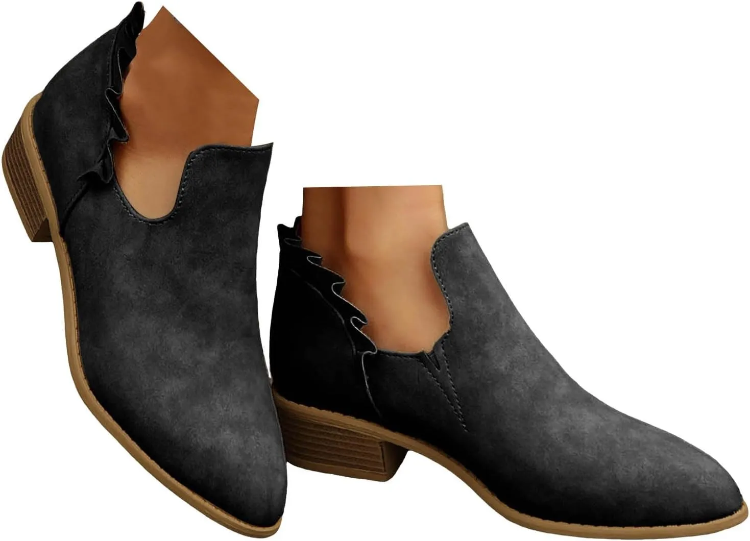 Cathalem Ankle Boots for Women, Womens Fall Cutout Booties Low Heels Stacked Ruffle Slip On Dress Short Boots Shoes