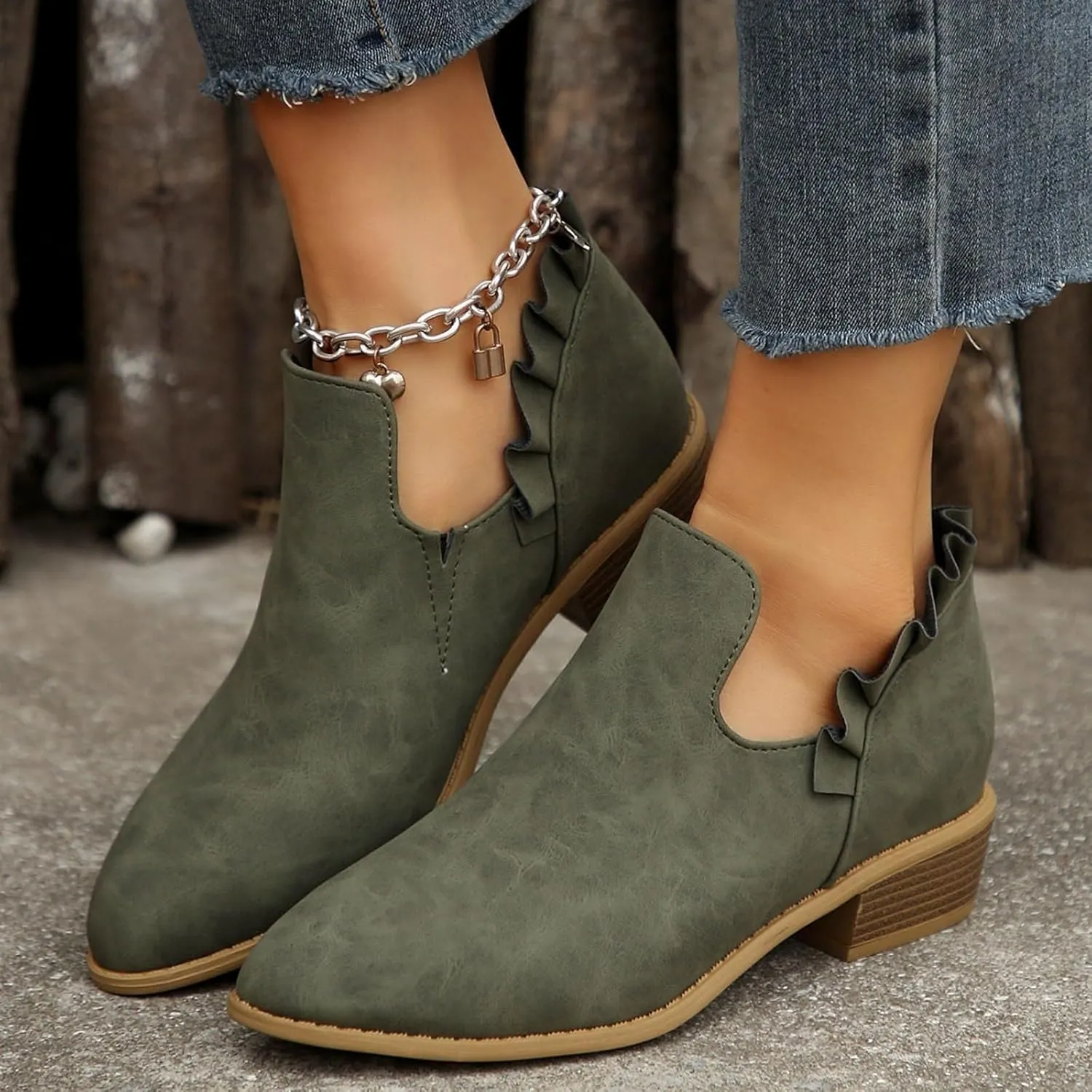 Cathalem Ankle Boots for Women, Womens Fall Cutout Booties Low Heels Stacked Ruffle Slip On Dress Short Boots Shoes