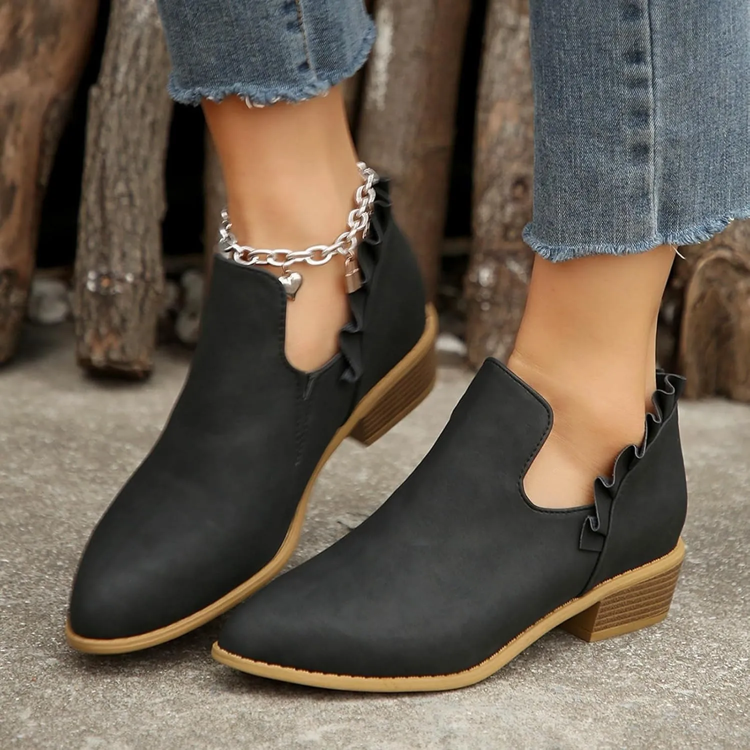 Cathalem Ankle Boots for Women, Womens Fall Cutout Booties Low Heels Stacked Ruffle Slip On Dress Short Boots Shoes