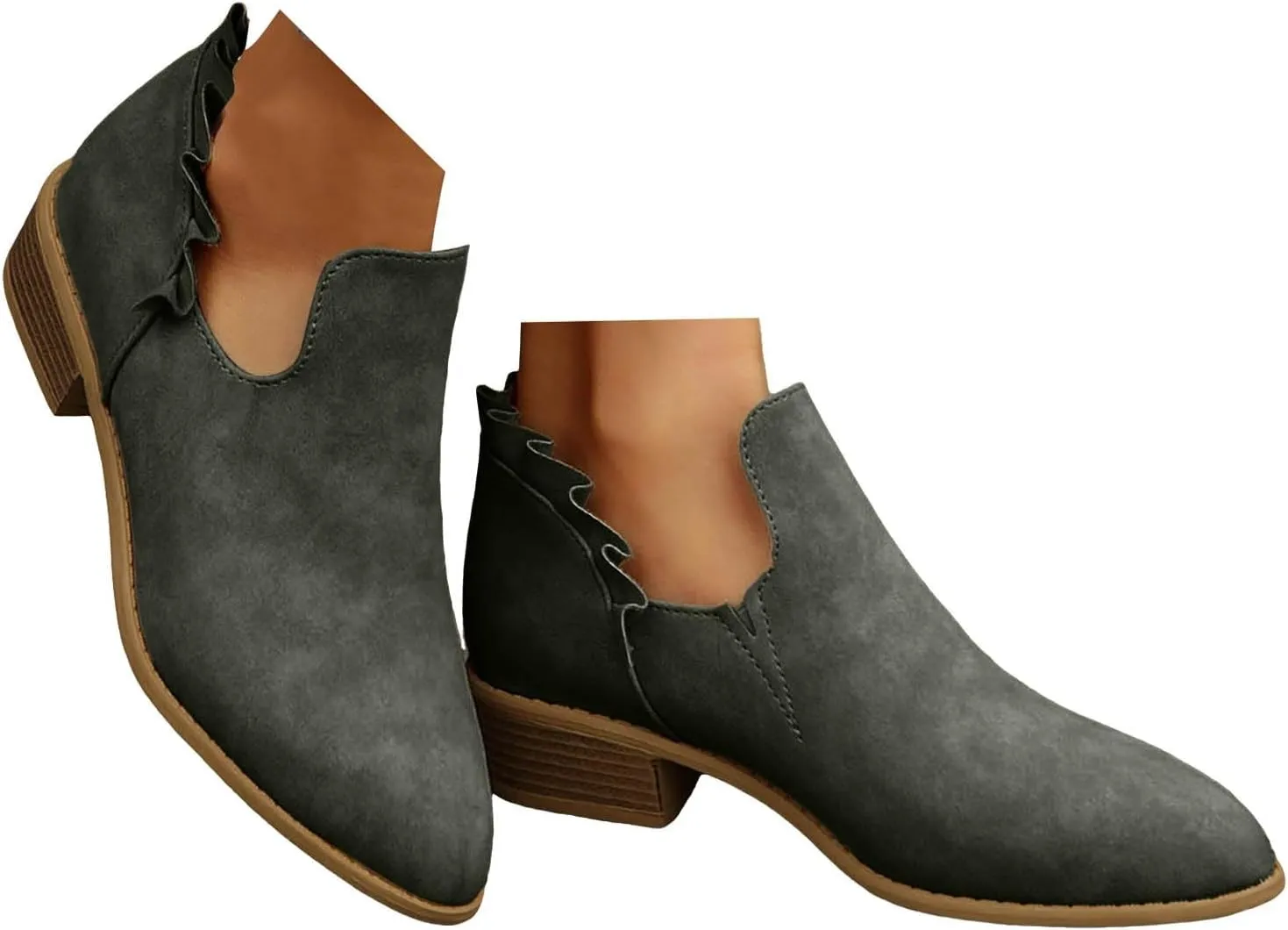 Cathalem Ankle Boots for Women, Womens Fall Cutout Booties Low Heels Stacked Ruffle Slip On Dress Short Boots Shoes