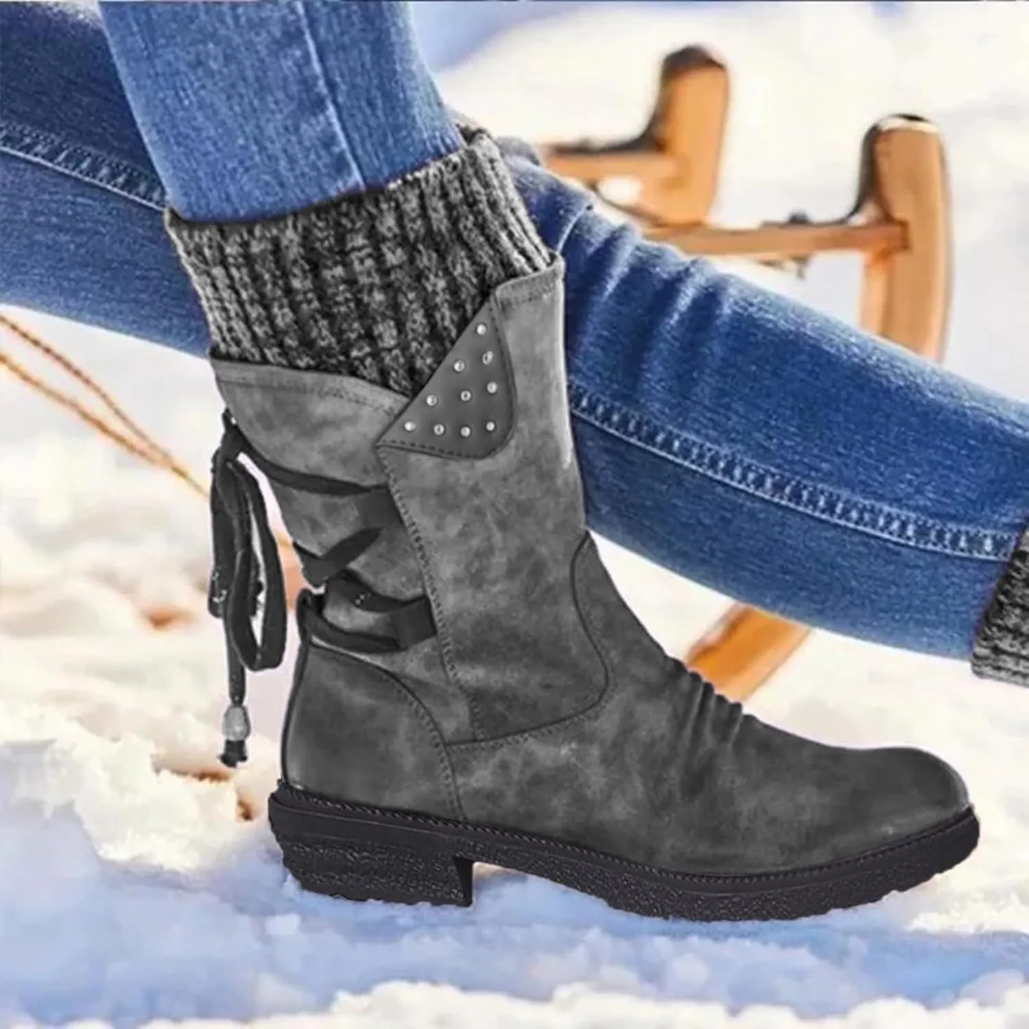 Cathalem Mid Calf Boots for Women Mid Calf Dress Boots Biker Motorcycle Riding Boots Women For Women Womens Winter Boots