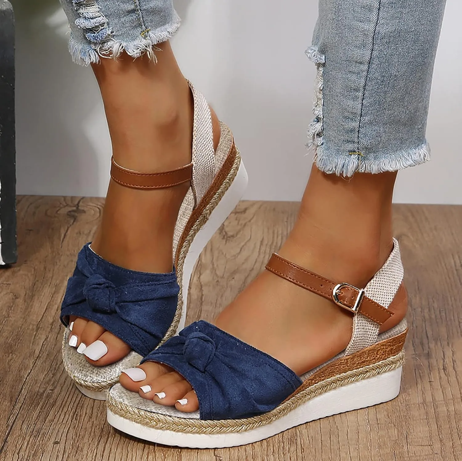 Cathalem Orthopedic Sandals for Women Espadrille Platform Sandals Women Fashion Casual Ankle Strap Wedge Heels