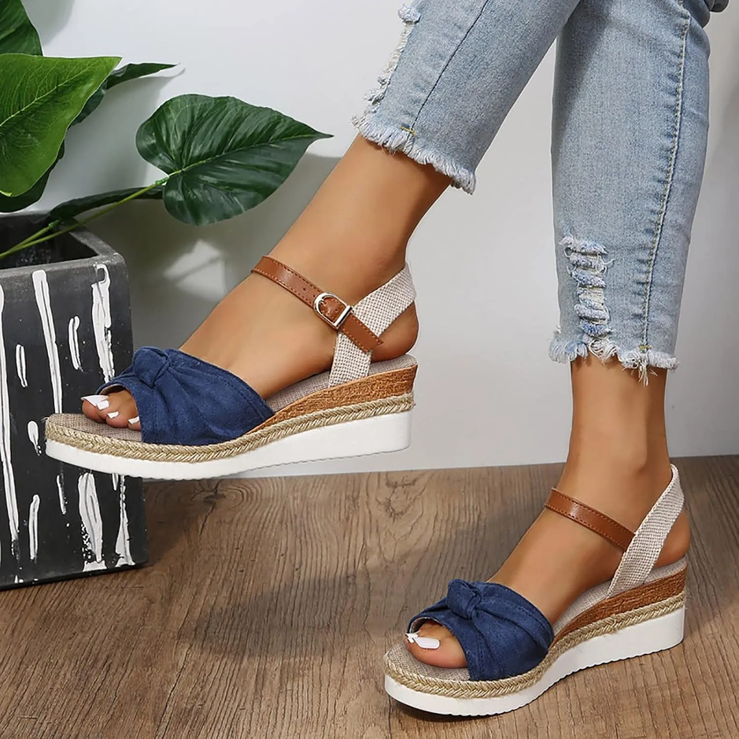 Cathalem Orthopedic Sandals for Women Espadrille Platform Sandals Women Fashion Casual Ankle Strap Wedge Heels