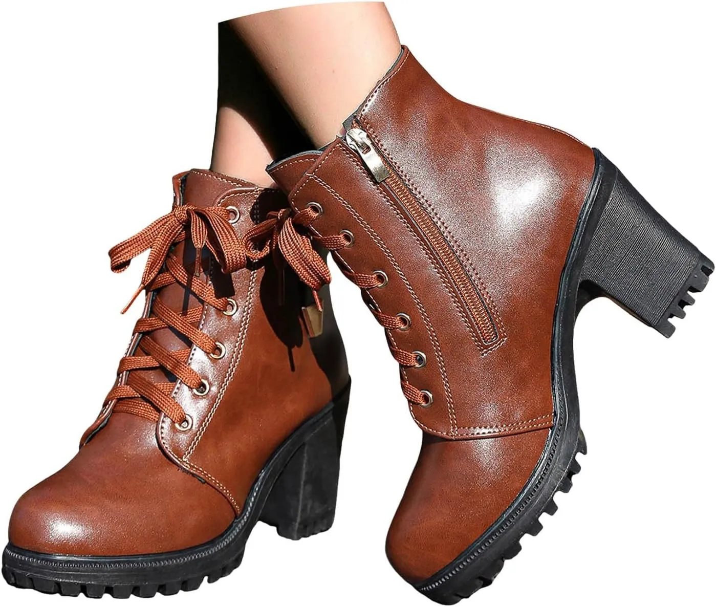 Cathalem Platform Boots for Women Black Chunky Heel Ankle Booties Lace Buckle Combat Boots with Zipper High Heel Goth Shoes
