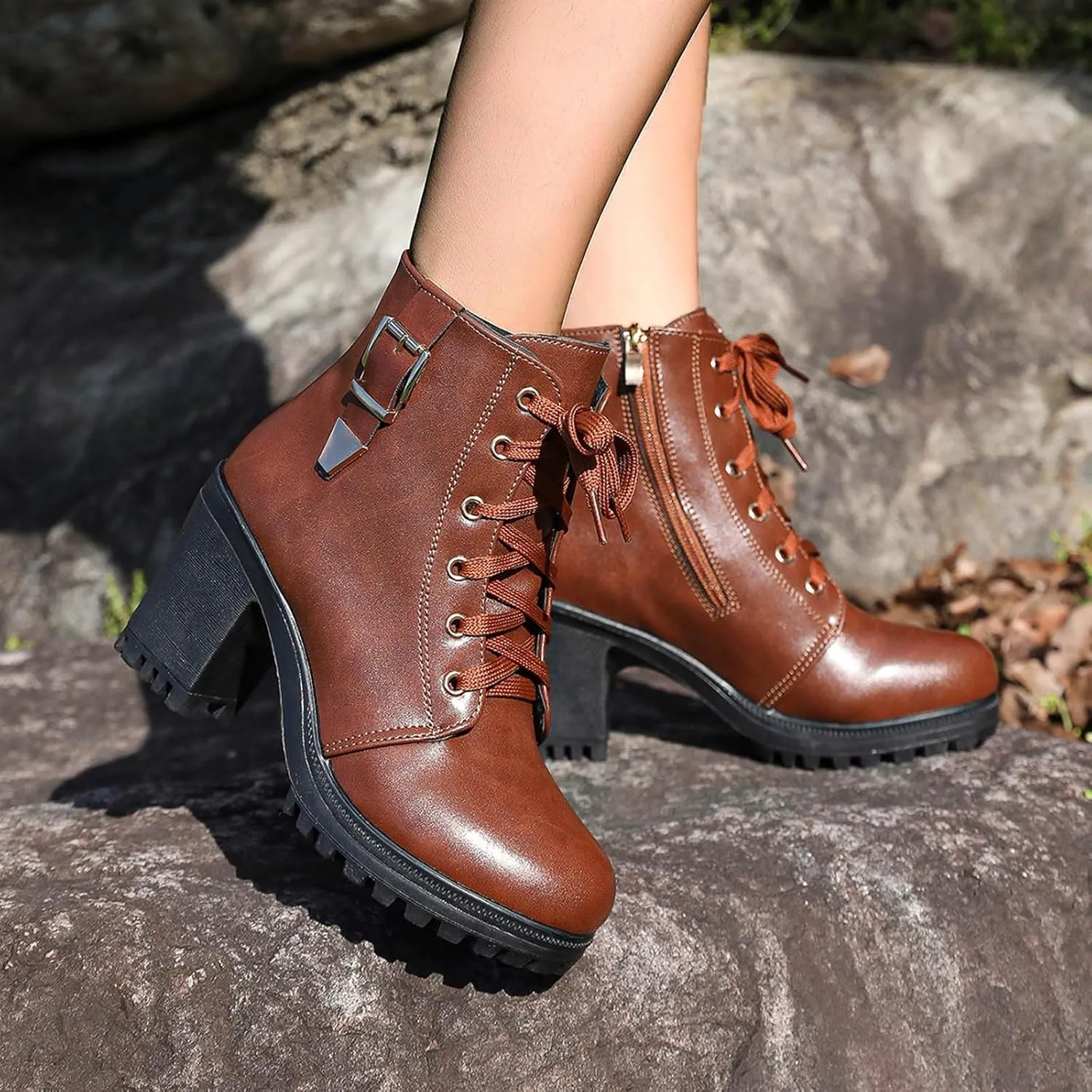 Cathalem Platform Boots for Women Black Chunky Heel Ankle Booties Lace Buckle Combat Boots with Zipper High Heel Goth Shoes