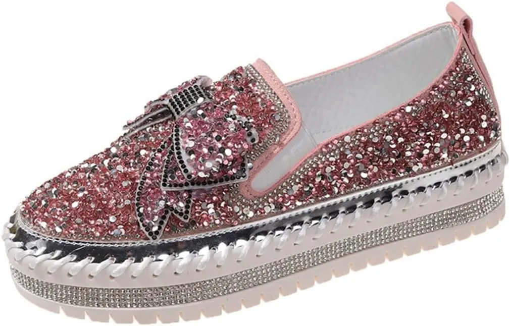 Generic Women's Rhinestones Glitter Slip On Sneakers Cute Bowknot Comfort Platform Walking Flat Loafer Casual Platform Dress Shoes