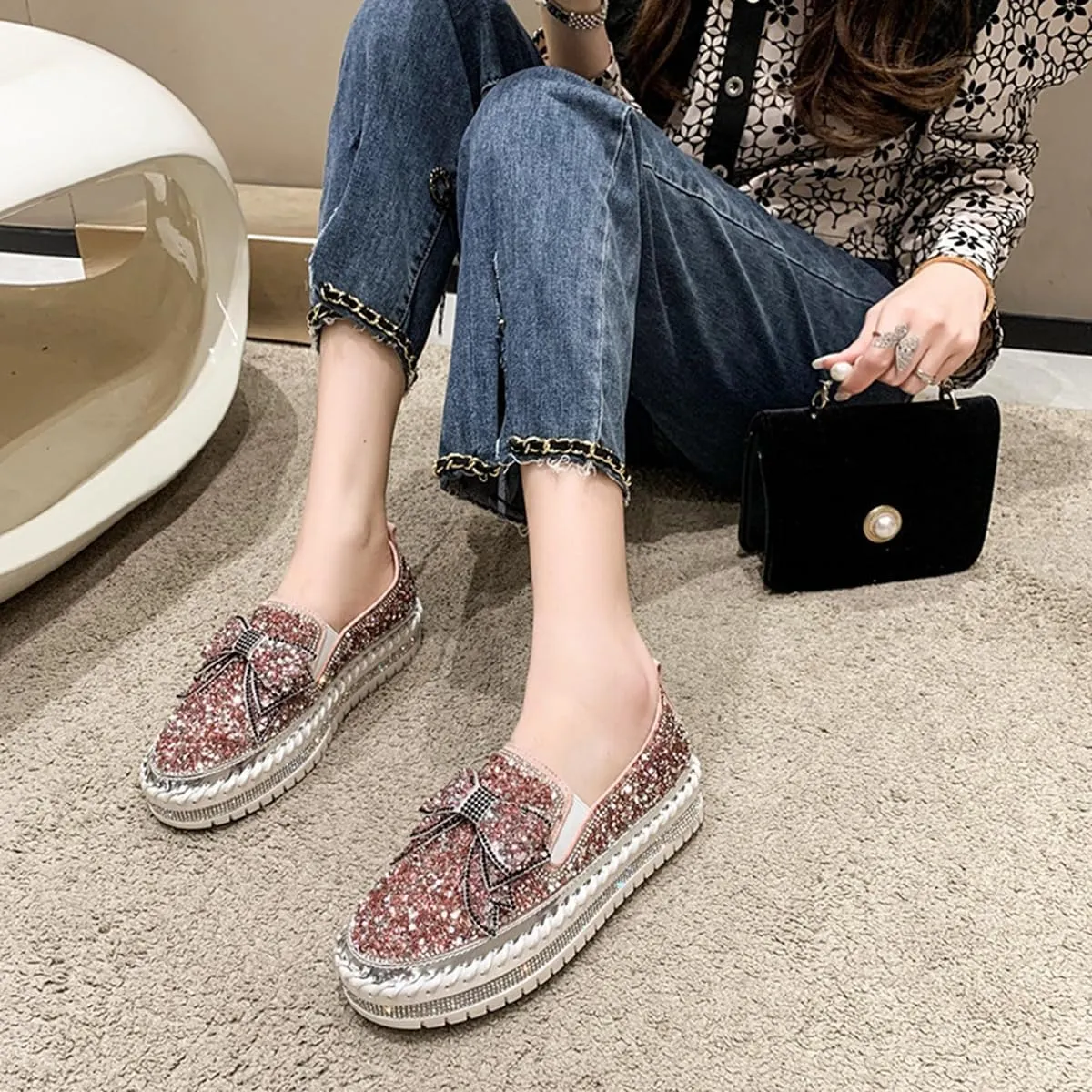 Generic Women's Rhinestones Glitter Slip On Sneakers Cute Bowknot Comfort Platform Walking Flat Loafer Casual Platform Dress Shoes