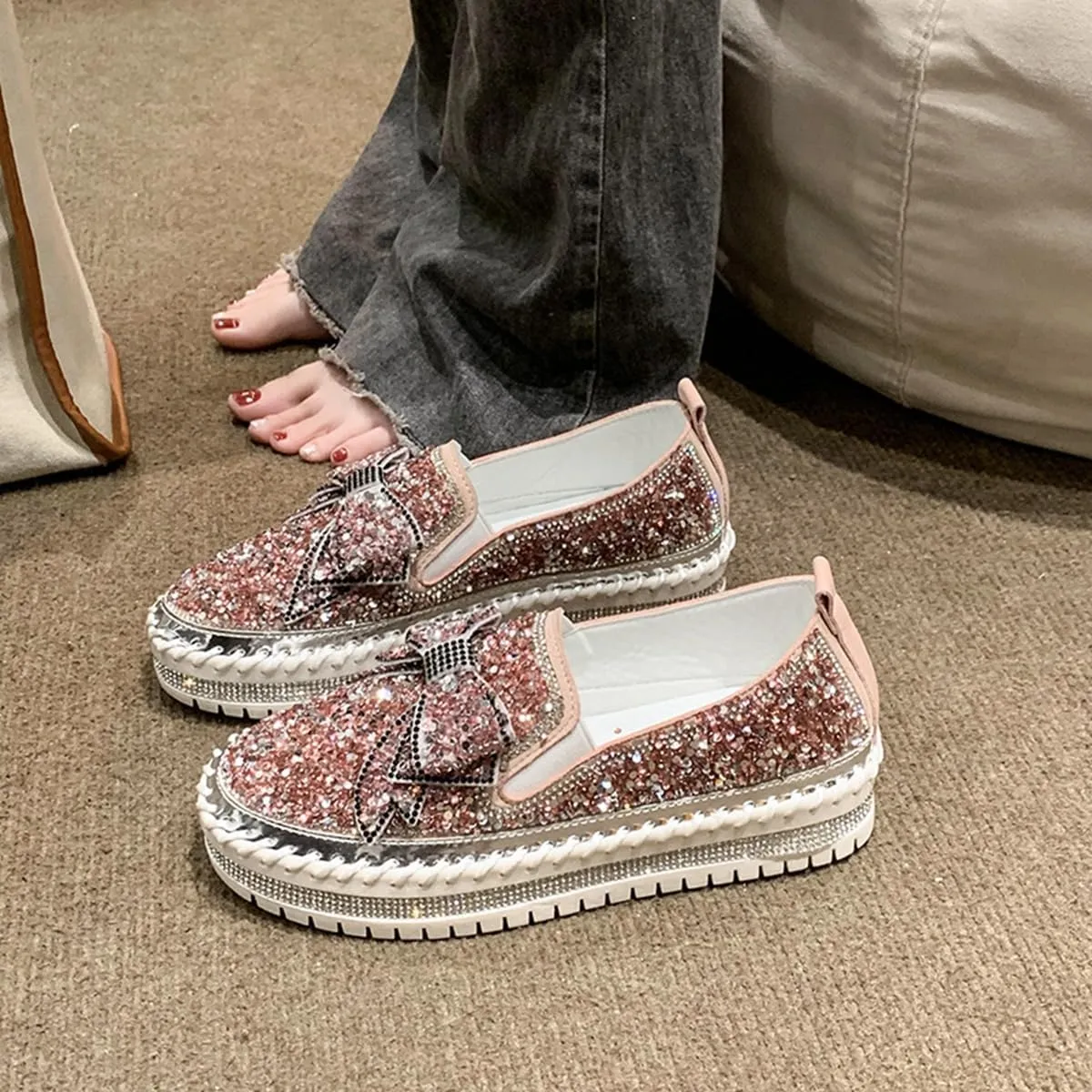 Generic Women's Rhinestones Glitter Slip On Sneakers Cute Bowknot Comfort Platform Walking Flat Loafer Casual Platform Dress Shoes