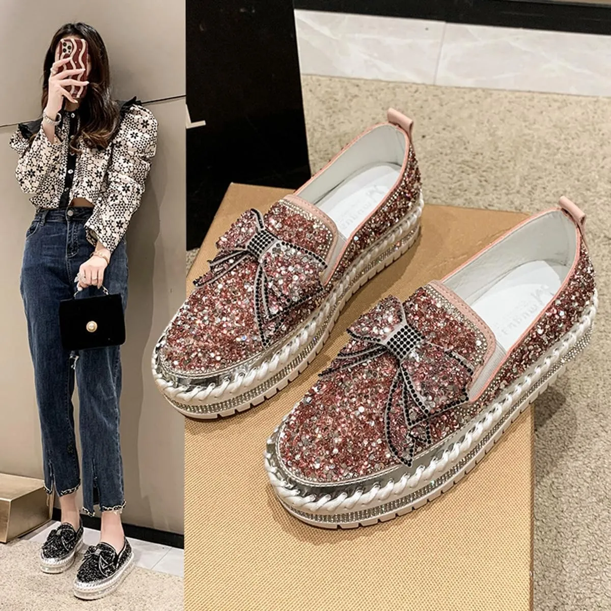 Generic Women's Rhinestones Glitter Slip On Sneakers Cute Bowknot Comfort Platform Walking Flat Loafer Casual Platform Dress Shoes