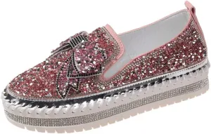 Generic Women's Rhinestones Glitter Slip On Sneakers Cute Bowknot Comfort Platform Walking Flat Loafer Casual Platform Dress Shoes