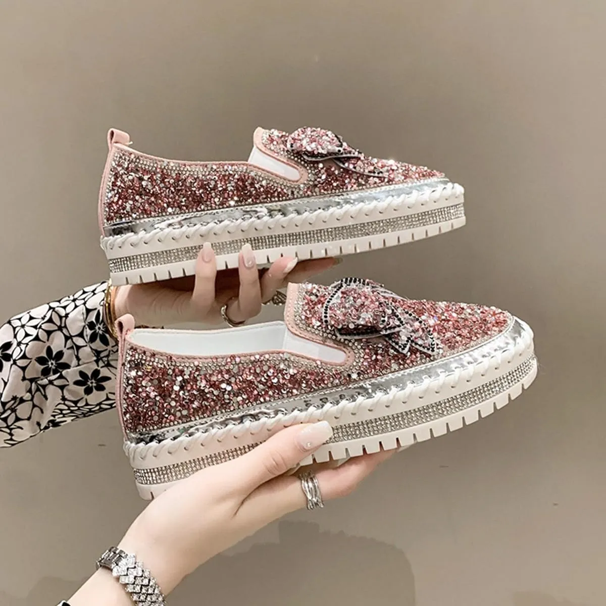 Generic Women's Rhinestones Glitter Slip On Sneakers Cute Bowknot Comfort Platform Walking Flat Loafer Casual Platform Dress Shoes