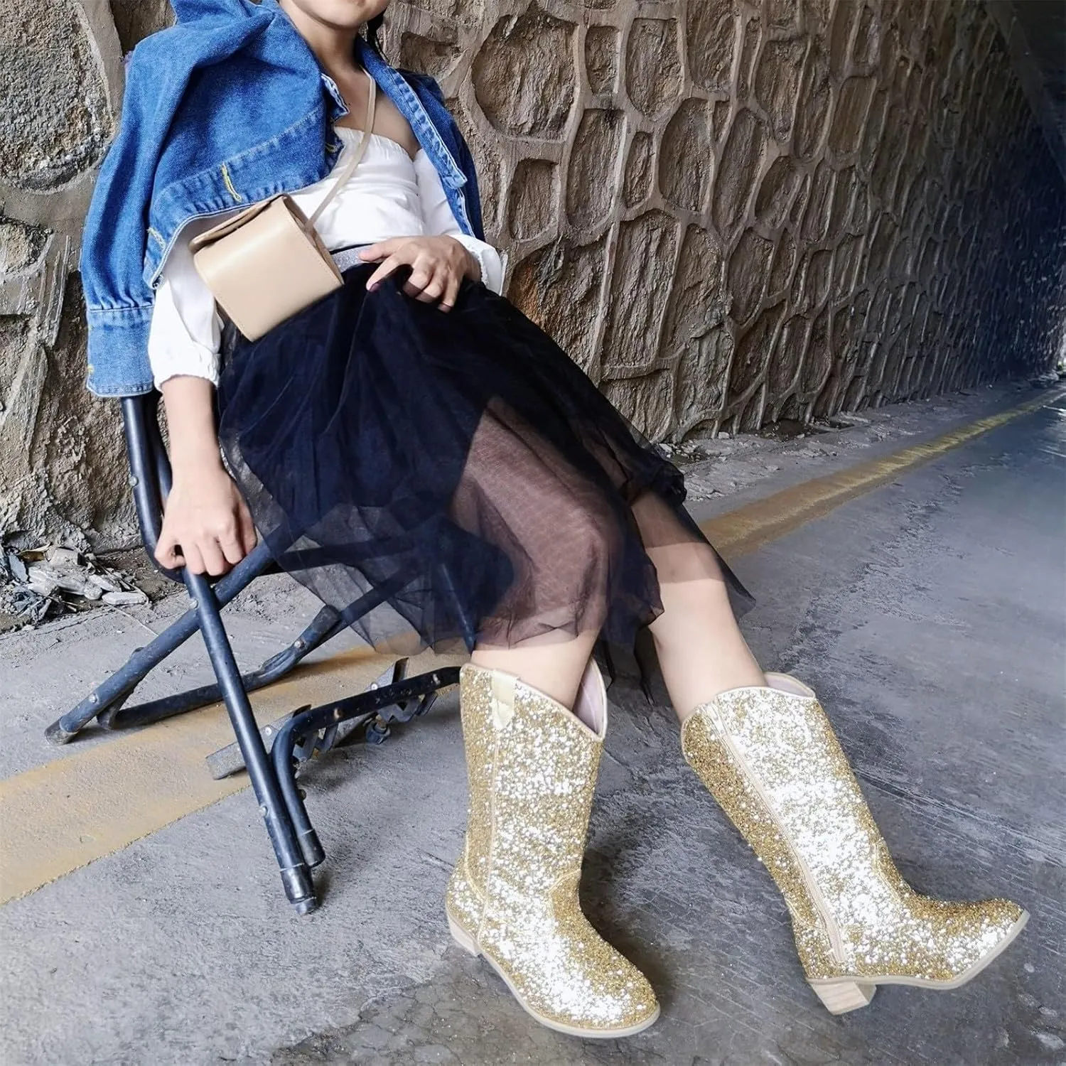 Girls Sequin Sparkly Cowboy Boots Kids hinestone Glitter Low Heel Wedding Dress Booties Western Girls Boots Wedge Heel