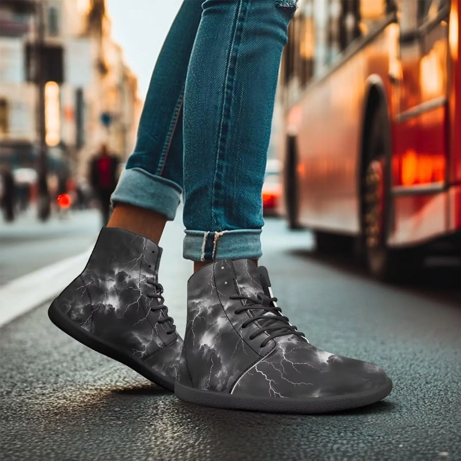 High Top Lightning Flame Pattern Zero-Drop Barefoot Shoes PU Leather Running Shoes Grounding Shoes for Men