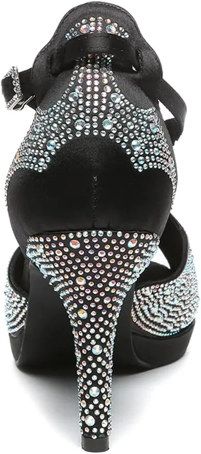 HIPPOSEUS Women Rhinestones Ballroom Dance Shoes Peep toe Salsa Practice Performance Dancing Shoes with Platform,Model YCD