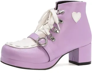 HOTRA Mary Jane Pumps Block Heel Women Vintage Lolita Cosplay Dressy Ankle Booties Round Toe Lace Up Oxford Dress Shoes (Color : Purple, Size : 8 US)