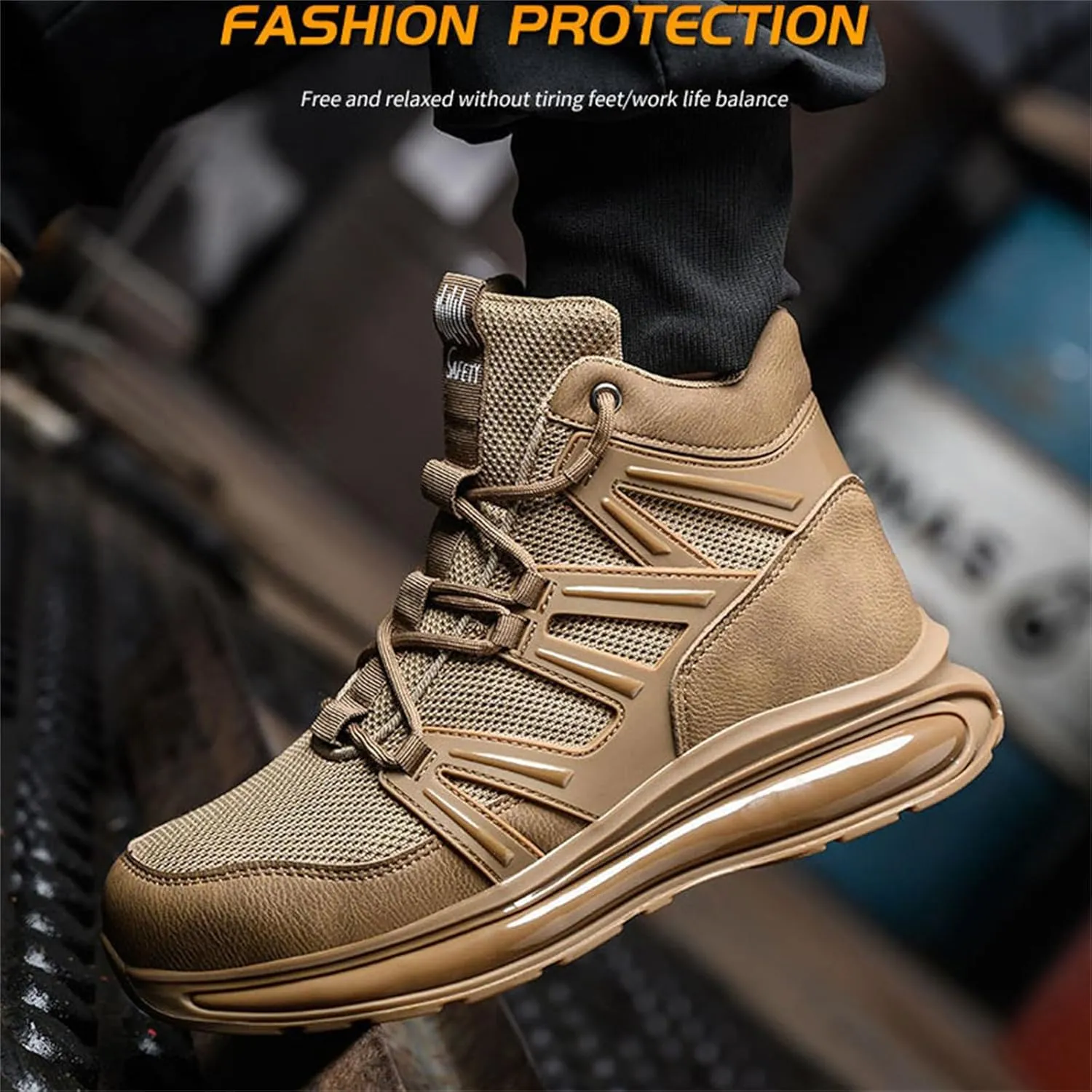 JiuQing Steel Toe Boots Lightweight Safety Industrial Boots Mens Air Cushion Work Sneaker Non-Slip Comfortable