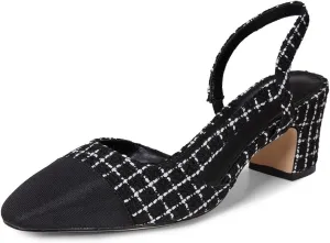 LinnOaks Slingback Heels for Women Round Closed Toe Pumps Two Tone Chunky Mid Heel Wedding Party Dress Shoes Ladies Fashion Patchwork Mary Jane Heels Multicolor Classic Comfy Tweed Heels Office Shoes