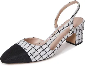 LinnOaks Slingback Heels for Women Round Closed Toe Pumps Two Tone Chunky Mid Heel Wedding Party Dress Shoes Ladies Fashion Patchwork Mary Jane Heels Multicolor Classic Comfy Tweed Heels Office Shoes