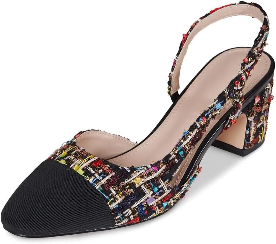LinnOaks Slingback Heels for Women Round Closed Toe Pumps Two Tone Chunky Mid Heel Wedding Party Dress Shoes Ladies Fashion Patchwork Mary Jane Heels Multicolor Classic Comfy Tweed Heels Office Shoes