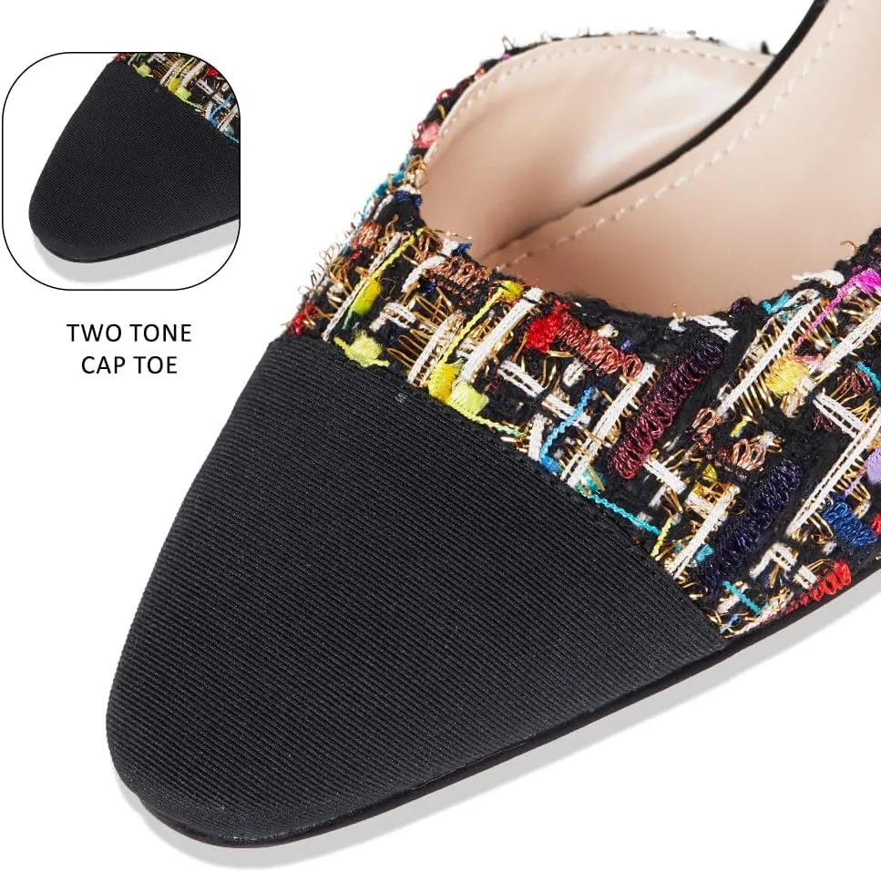 LinnOaks Slingback Heels for Women Round Closed Toe Pumps Two Tone Chunky Mid Heel Wedding Party Dress Shoes Ladies Fashion Patchwork Mary Jane Heels Multicolor Classic Comfy Tweed Heels Office Shoes
