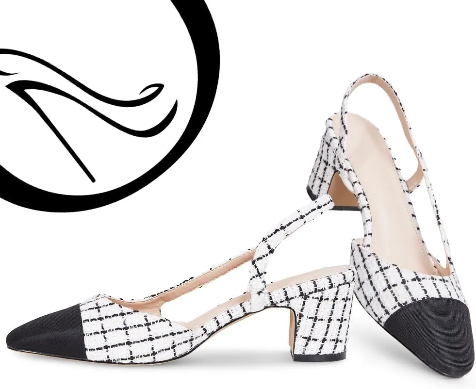 LinnOaks Slingback Heels for Women Round Closed Toe Pumps Two Tone Chunky Mid Heel Wedding Party Dress Shoes Ladies Fashion Patchwork Mary Jane Heels Multicolor Classic Comfy Tweed Heels Office Shoes
