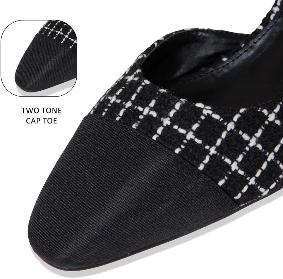 LinnOaks Slingback Heels for Women Round Closed Toe Pumps Two Tone Chunky Mid Heel Wedding Party Dress Shoes Ladies Fashion Patchwork Mary Jane Heels Multicolor Classic Comfy Tweed Heels Office Shoes