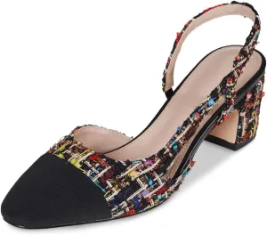 LinnOaks Slingback Heels for Women Round Closed Toe Pumps Two Tone Chunky Mid Heel Wedding Party Dress Shoes Ladies Fashion Patchwork Mary Jane Heels Multicolor Classic Comfy Tweed Heels Office Shoes