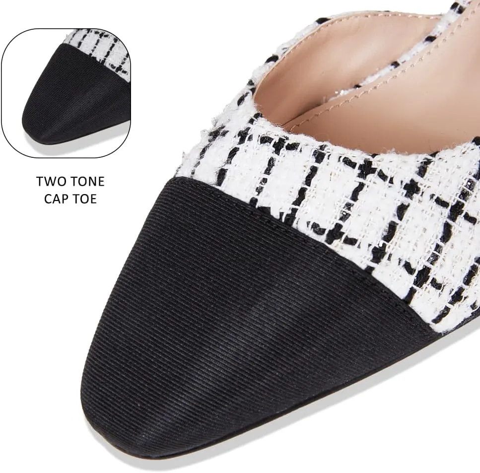 LinnOaks Slingback Heels for Women Round Closed Toe Pumps Two Tone Chunky Mid Heel Wedding Party Dress Shoes Ladies Fashion Patchwork Mary Jane Heels Multicolor Classic Comfy Tweed Heels Office Shoes