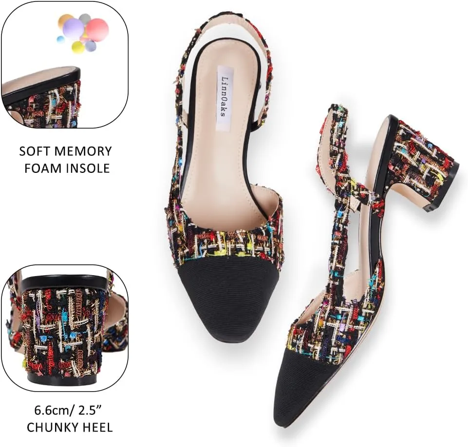 LinnOaks Slingback Heels for Women Round Closed Toe Pumps Two Tone Chunky Mid Heel Wedding Party Dress Shoes Ladies Fashion Patchwork Mary Jane Heels Multicolor Classic Comfy Tweed Heels Office Shoes