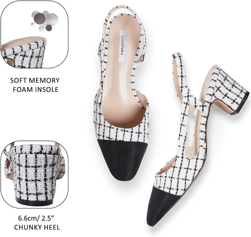 LinnOaks Slingback Heels for Women Round Closed Toe Pumps Two Tone Chunky Mid Heel Wedding Party Dress Shoes Ladies Fashion Patchwork Mary Jane Heels Multicolor Classic Comfy Tweed Heels Office Shoes