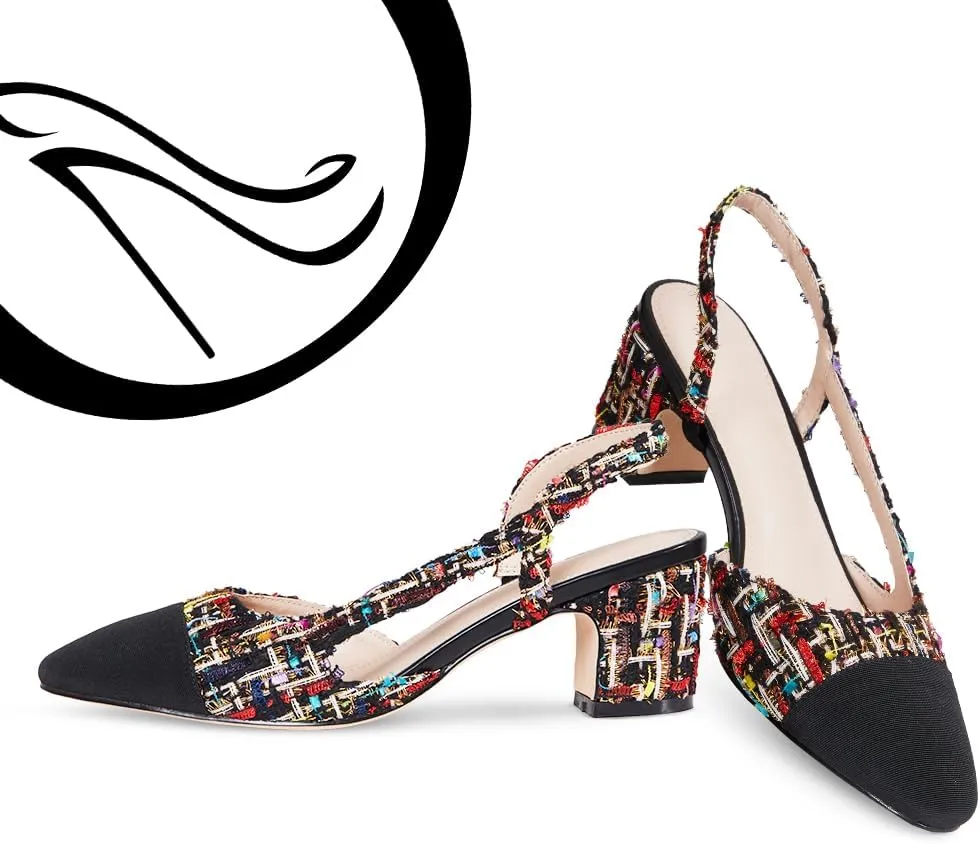 LinnOaks Slingback Heels for Women Round Closed Toe Pumps Two Tone Chunky Mid Heel Wedding Party Dress Shoes Ladies Fashion Patchwork Mary Jane Heels Multicolor Classic Comfy Tweed Heels Office Shoes