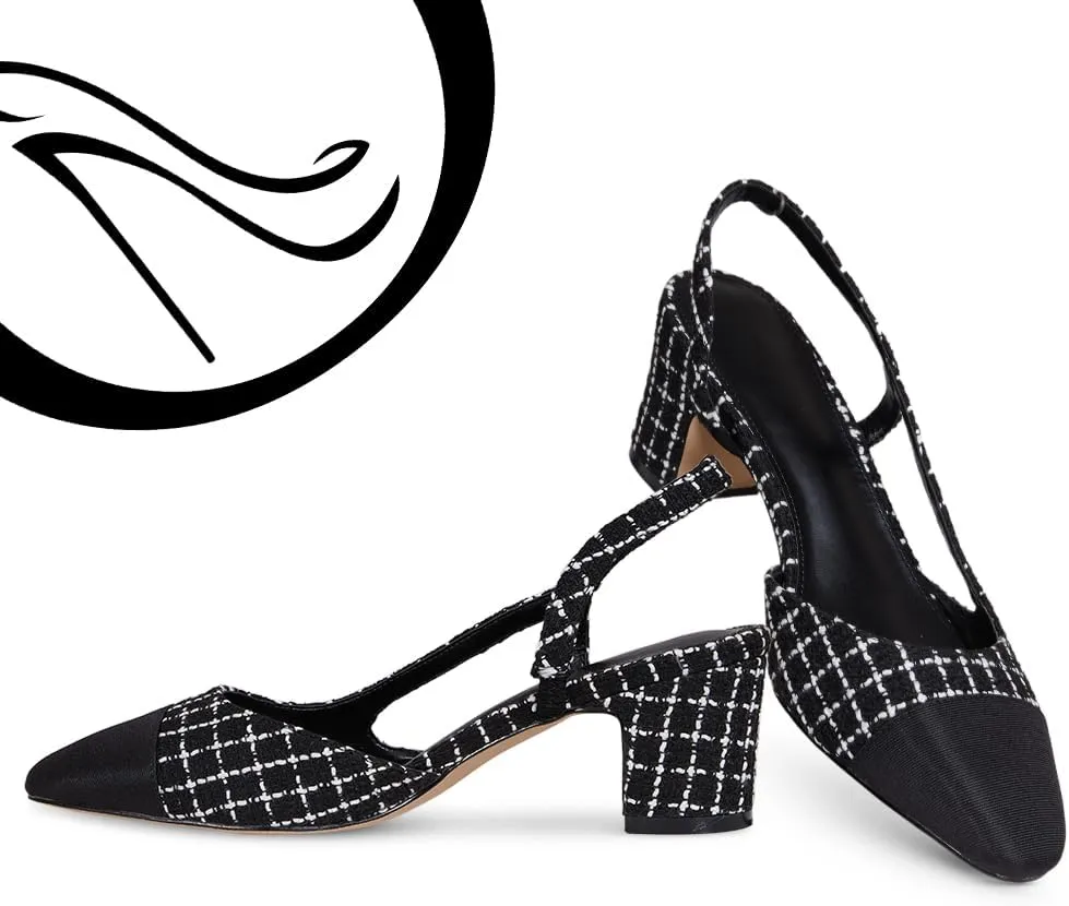 LinnOaks Slingback Heels for Women Round Closed Toe Pumps Two Tone Chunky Mid Heel Wedding Party Dress Shoes Ladies Fashion Patchwork Mary Jane Heels Multicolor Classic Comfy Tweed Heels Office Shoes