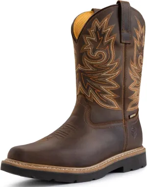 SUREWAY Mens Western Square Toe Cowboy Boots for Men,Waterproof Soft/Steel Toe Full Grain Leather Slip On Pull On Work Boots for Construction Farming,Steel Toe Brown,Size 12
