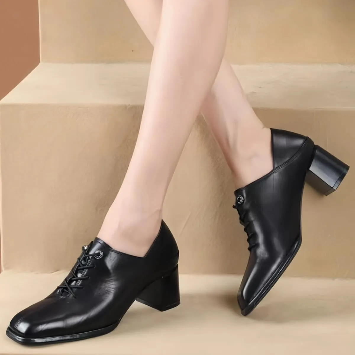 Women's Fashion Lace - up Slip - on and Step - on Shoes Genuine Full Leather Chunky Block Waterproof Heels Mid - Heel Closed Square Toe Office Shoe Comfort Daily Commuting