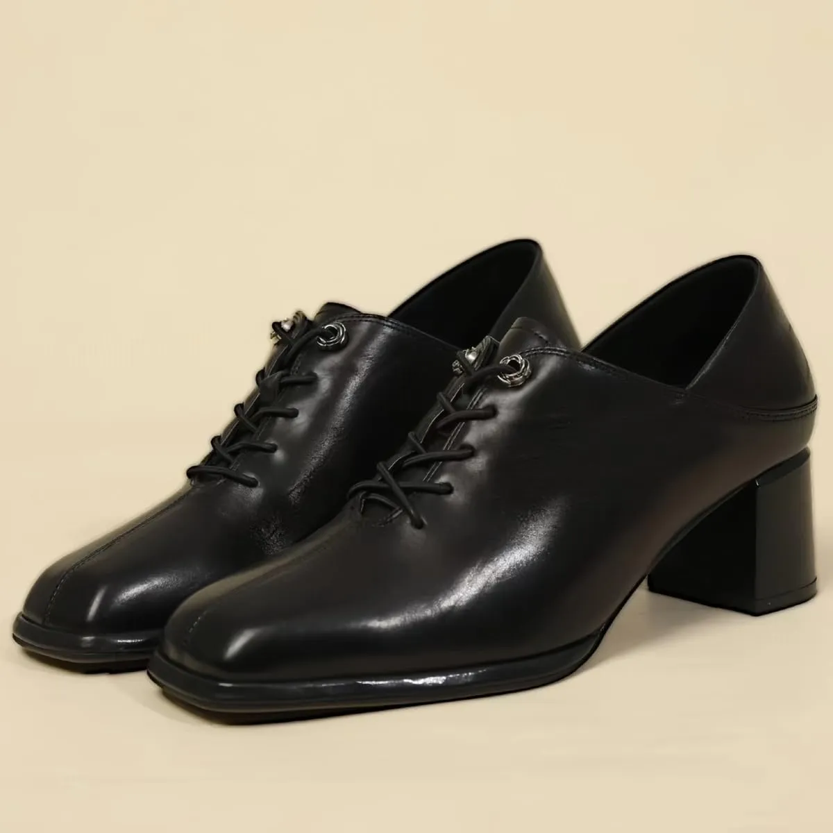 Women's Fashion Lace - up Slip - on and Step - on Shoes Genuine Full Leather Chunky Block Waterproof Heels Mid - Heel Closed Square Toe Office Shoe Comfort Daily Commuting