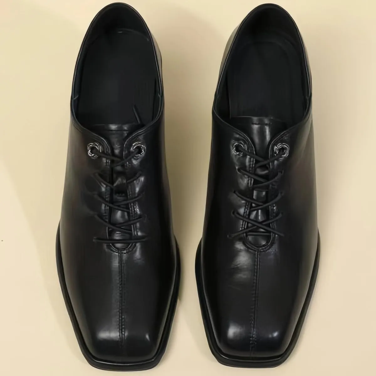 Women's Fashion Lace - up Slip - on and Step - on Shoes Genuine Full Leather Chunky Block Waterproof Heels Mid - Heel Closed Square Toe Office Shoe Comfort Daily Commuting