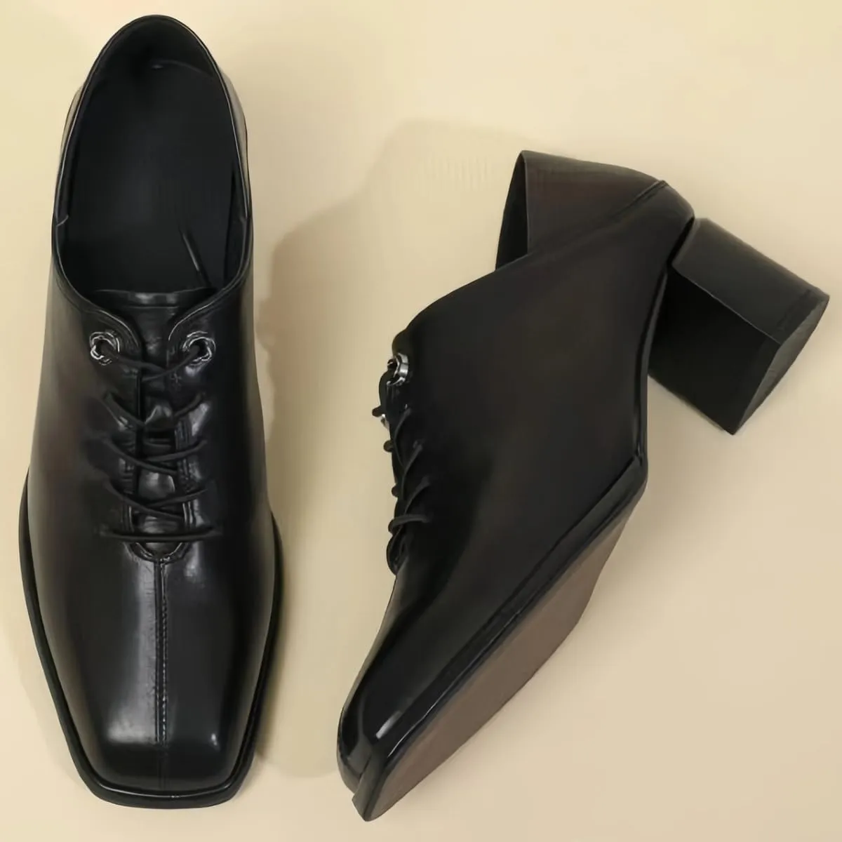 Women's Fashion Lace - up Slip - on and Step - on Shoes Genuine Full Leather Chunky Block Waterproof Heels Mid - Heel Closed Square Toe Office Shoe Comfort Daily Commuting