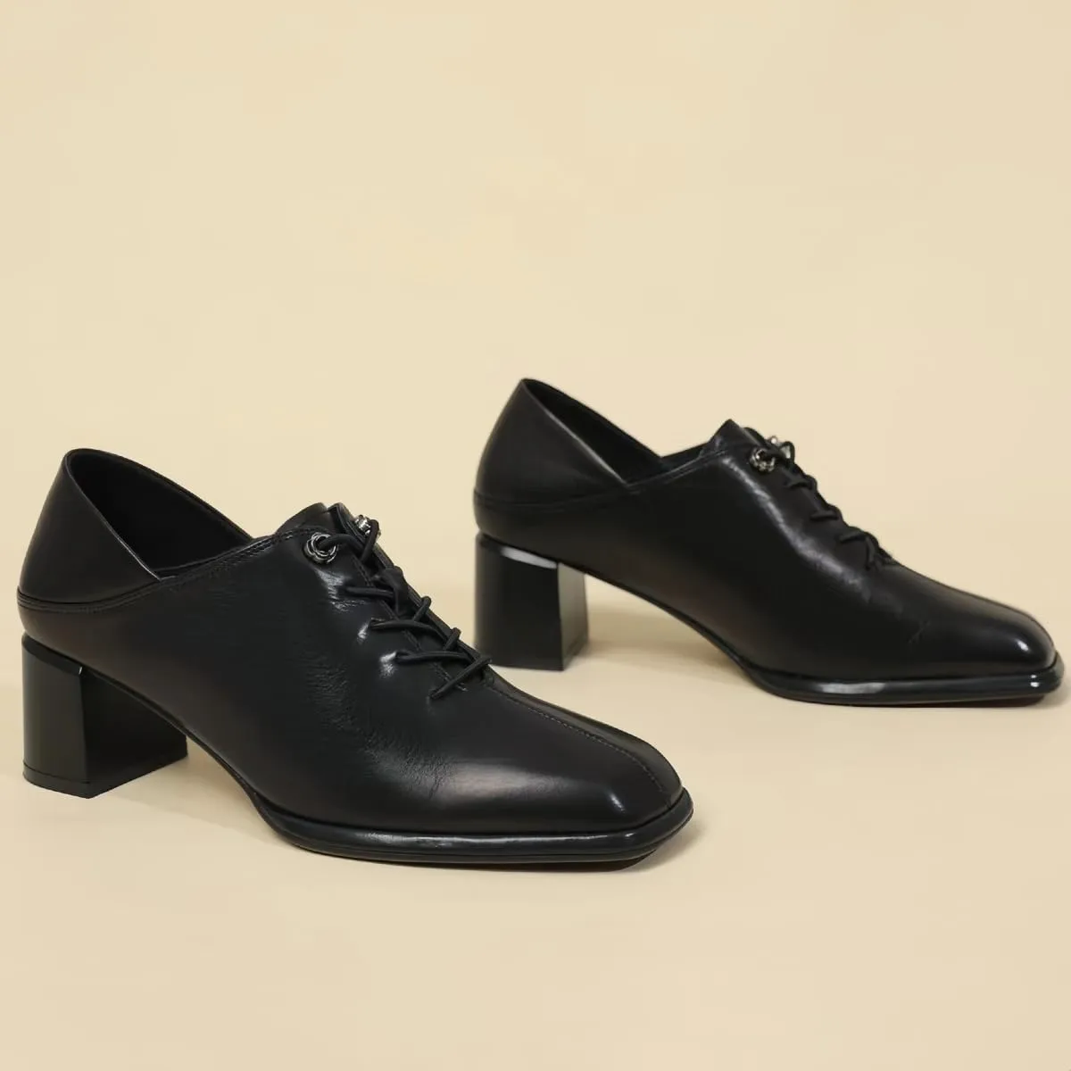 Women's Fashion Lace - up Slip - on and Step - on Shoes Genuine Full Leather Chunky Block Waterproof Heels Mid - Heel Closed Square Toe Office Shoe Comfort Daily Commuting