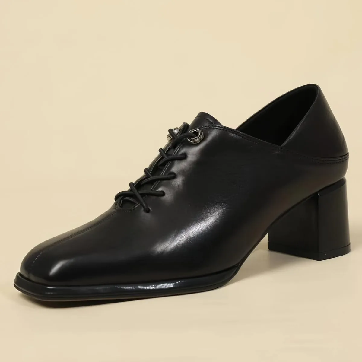 Women's Fashion Lace - up Slip - on and Step - on Shoes Genuine Full Leather Chunky Block Waterproof Heels Mid - Heel Closed Square Toe Office Shoe Comfort Daily Commuting