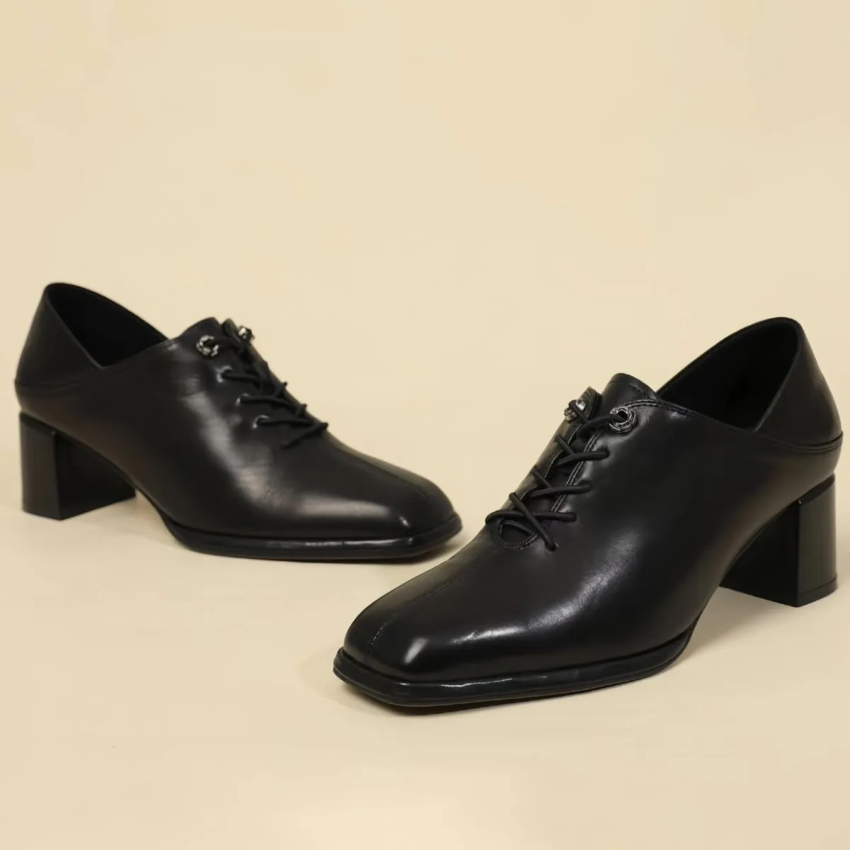 Women's Fashion Lace - up Slip - on and Step - on Shoes Genuine Full Leather Chunky Block Waterproof Heels Mid - Heel Closed Square Toe Office Shoe Comfort Daily Commuting