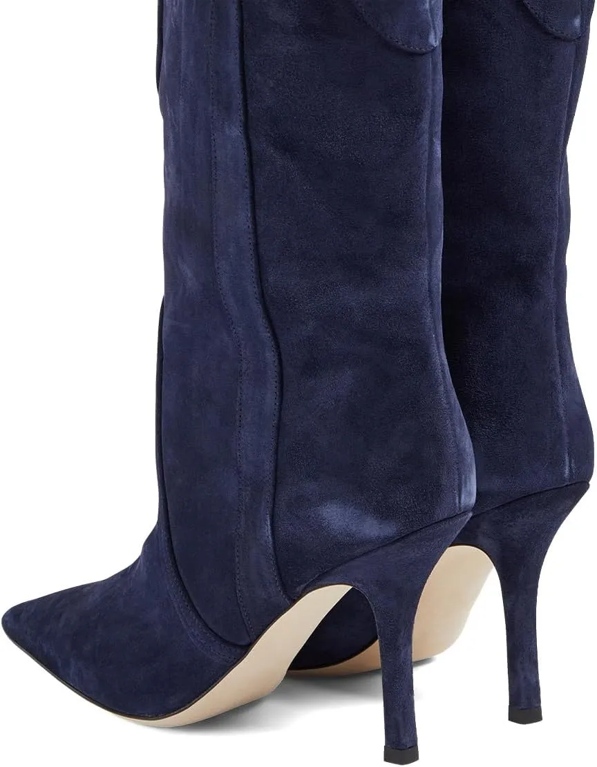 Womens Mid Calf Boots Cowgirl Booties Stiletto High Heels Pointed Toe Pull On Shoes Party Dating Prom Size 4-16 US