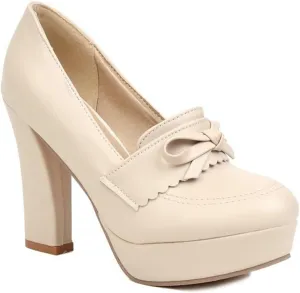 Women's Platform High Heel Pumps Round Toe Fashion Bow Chunky Block Heeled Slip on Dress Office Shoes