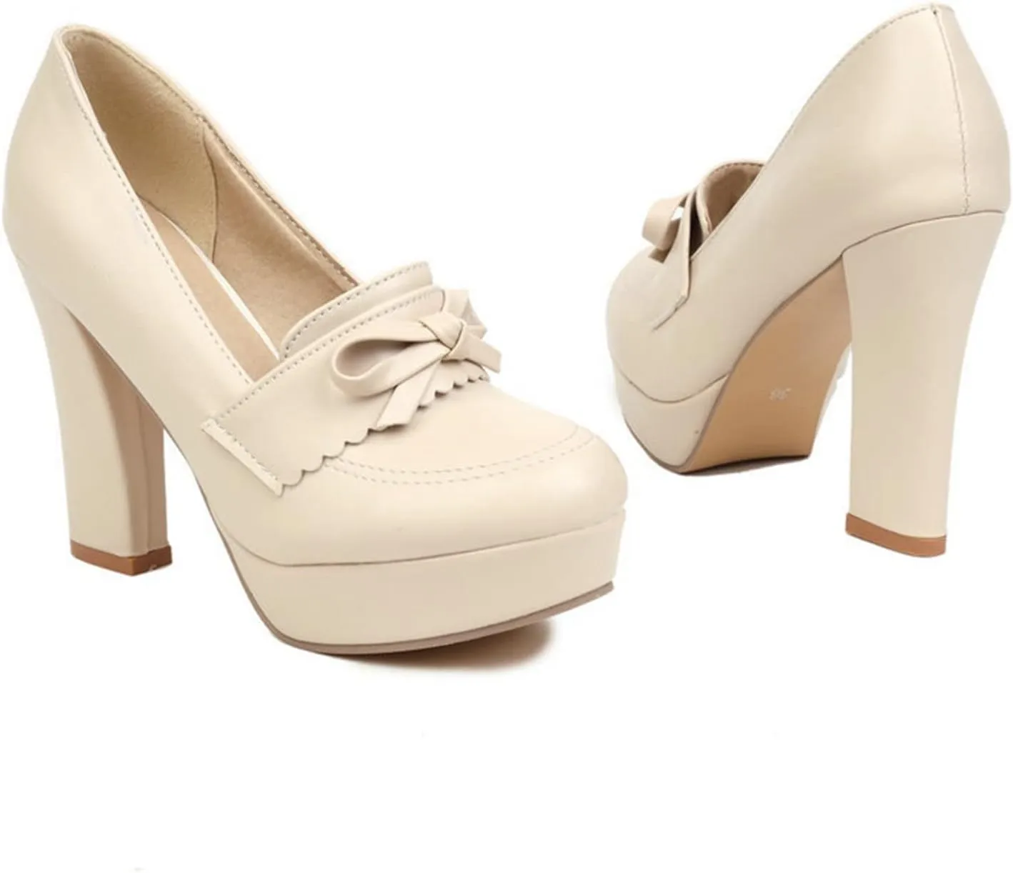 Women's Platform High Heel Pumps Round Toe Fashion Bow Chunky Block Heeled Slip on Dress Office Shoes