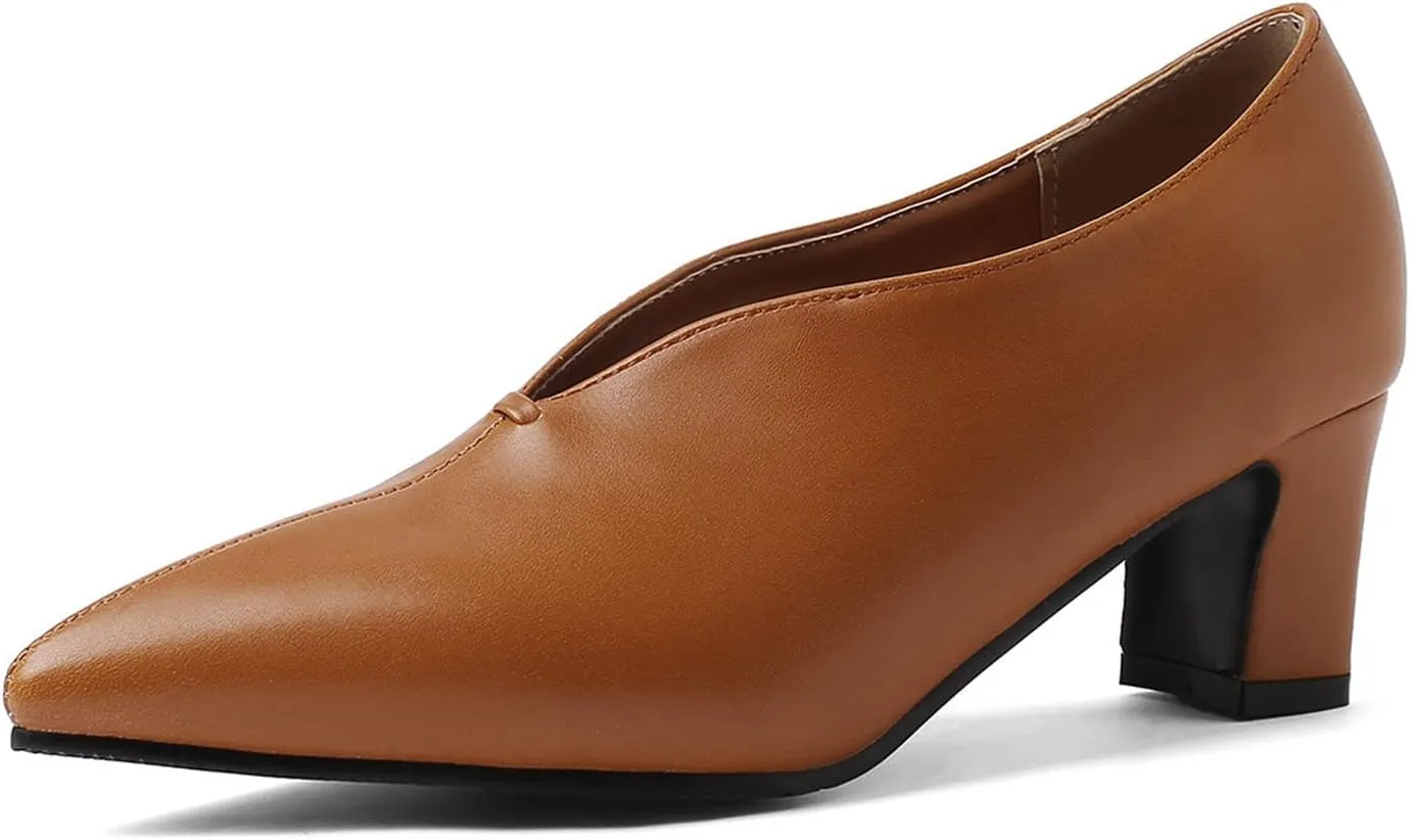 Women's Pointed Toe Slip On Pumps Chunky Block Mid Heel Faux Leather V Cut Casual Office Dress Shoes