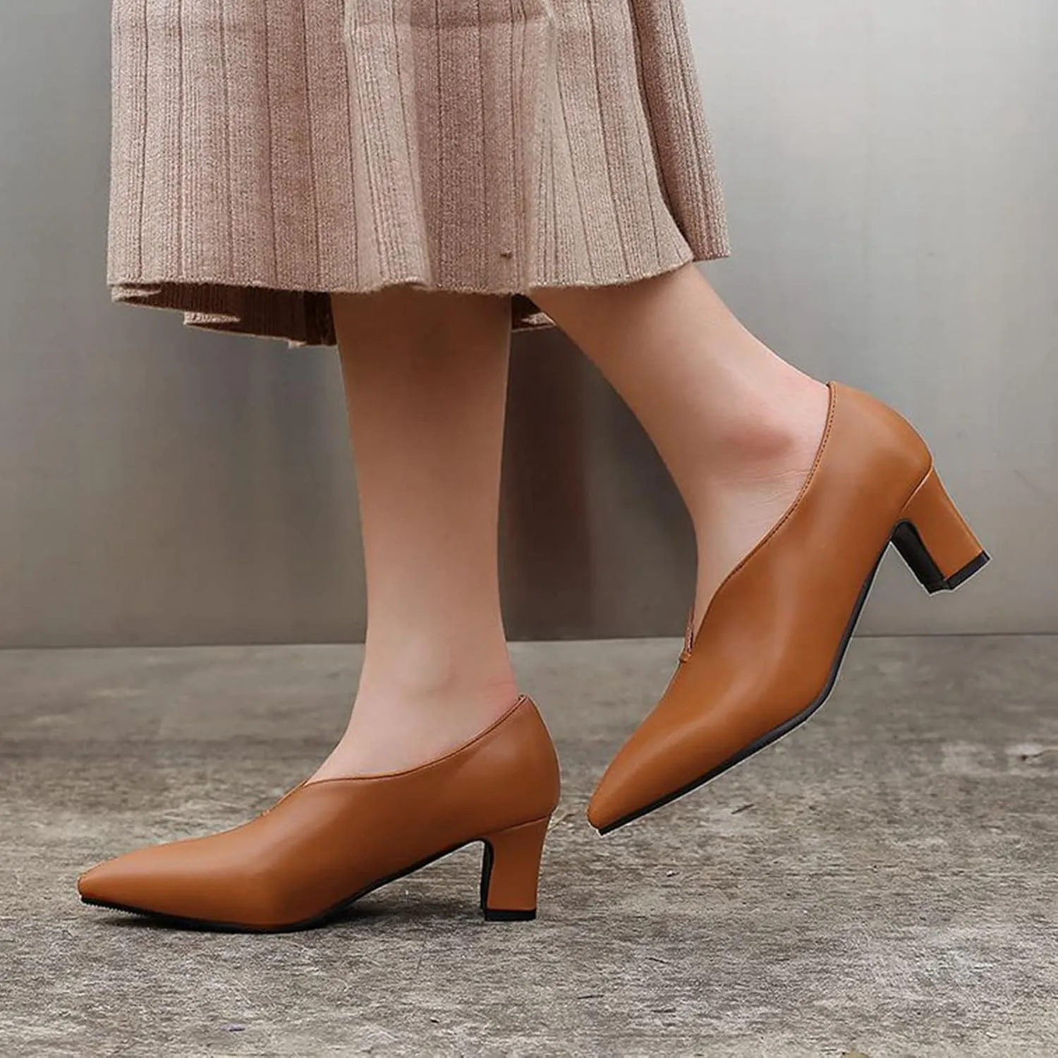 Women's Pointed Toe Slip On Pumps Chunky Block Mid Heel Faux Leather V Cut Casual Office Dress Shoes